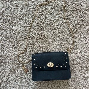 Y2K Coach Black Leather Studded Crossbody Bag with Gold Hardware